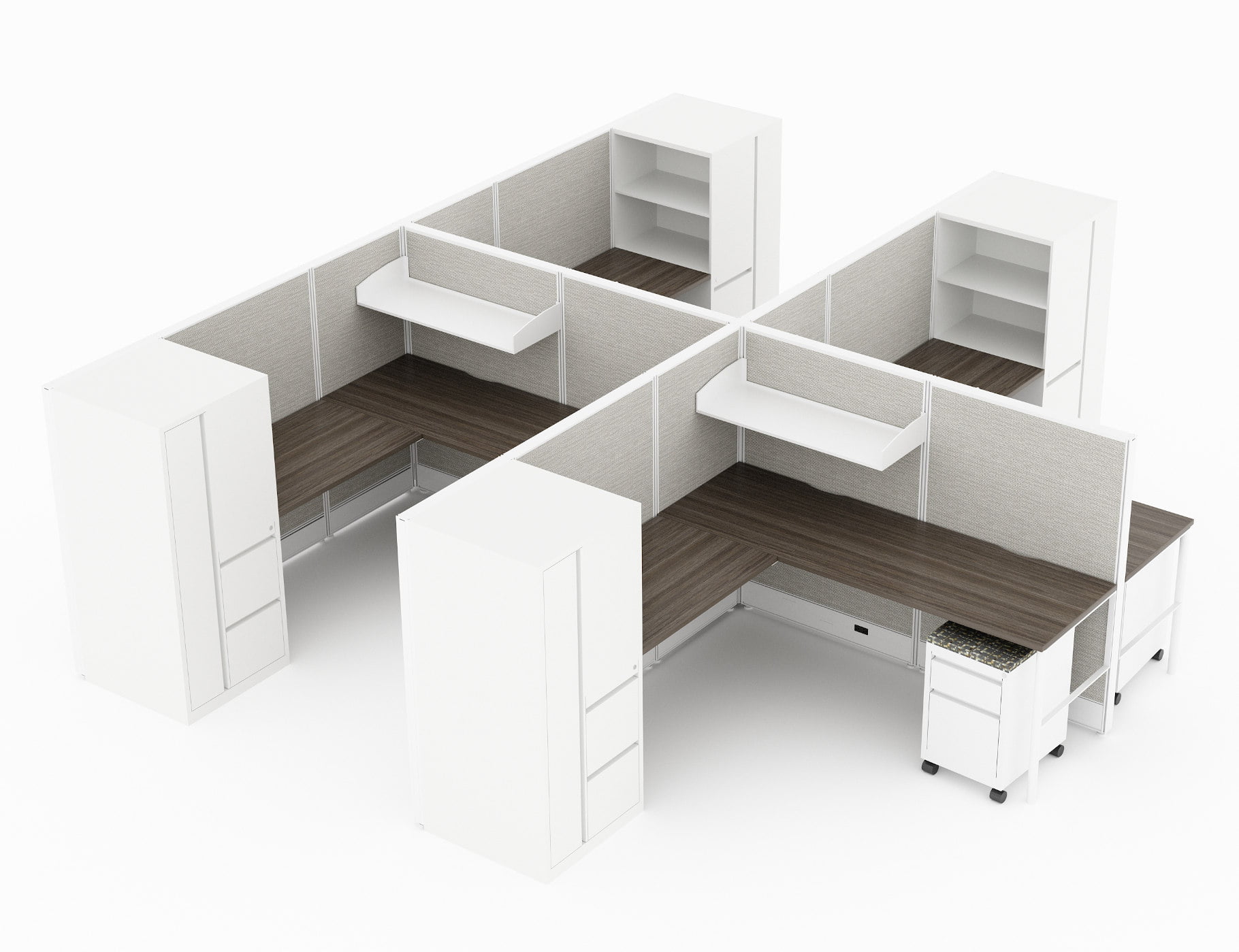 4-Person set of L-shaped workstations, with high paneling, end to end. A shelf is set above each workstation. Pedestal drawers are rolled underneath. Opposite is a full height storage cabinet, with large storage areas, and three drawers. Model is CM513.