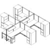 Technical drawing of the Compile CM513 set of work stations. Each of the 4 workstations are partially enclosed, with a set of rolling filing and supply drawers. Above, is a small shelf. On the opposite side of each station is a full height cabinet, with a set of drawers and a door.