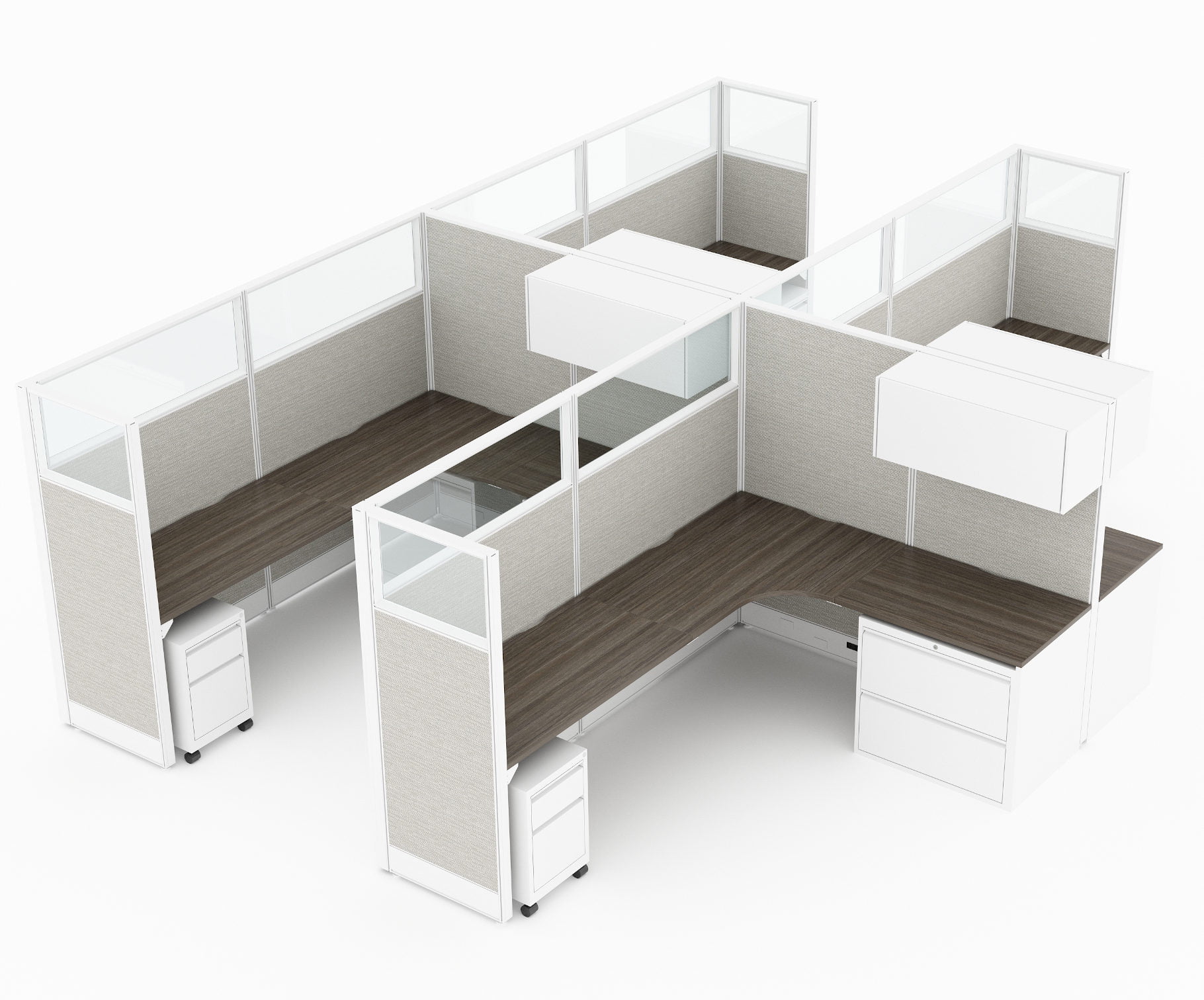 4-Person set of L-shaped workstations, with a smooth inside edge. Under the table is a wide filing drawer, and a set of rollaway pedestal drawers. Above is a storage compartmet with door that swings out. Model is CM515.