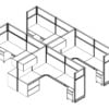 Technical drawing of the Compile CM515 set of work stations. Each of the 4 L-shaped desks have a beveled inside corner, and a set of desk drawers on each side. On the side with the wider set of drawers, there is a compartment with flip-up lid.