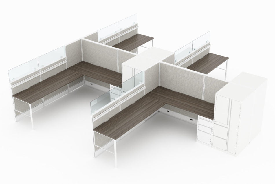 4-Person set of L-shaped workstations, with high acrylic paneling between stations. On the outer side is a full sized cabinet for storing files, bags, and extra space to store files. Model is CM518.