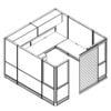 Technical drawing of the Compile CM519 Cubicle. This enclosed cubicle can hold a small team. It contains a small L shaped desk, and has set of supply drawers underneath. Additional storage exists above with two swing out doors. A door to the left can slide open.