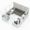 Full 9x9 foot cubicle, set for casual seating and collaborating. Clear space dividers make up the top half of 3 walls for this cubicle. A frosted acrylic door is slid to the left, for people to enter. Model is CM520.