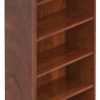 Orthographic view of an Offices to Go 71 inch tall bookcase, featuring four shelves. It uses an American Dark Cherry laminate finish.