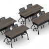 Orthographic view of an Offices to Go training table and nesting chair set, using Layout 10. This set consists of four 60" wide flip top training tables arranged two by two. Each table has a black finished base with caster wheels. At each table are two black nesting chairs with casters. The table has an Artisan Grey laminate finish.