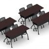 Orthographic view of an Offices to Go training table and nesting chair set, using Layout 10. This set consists of four 60" wide flip top training tables arranged two by two. Each table has a black finished base with caster wheels. At each table are two black nesting chairs with casters. The table has an American Mahogany laminate finish.
