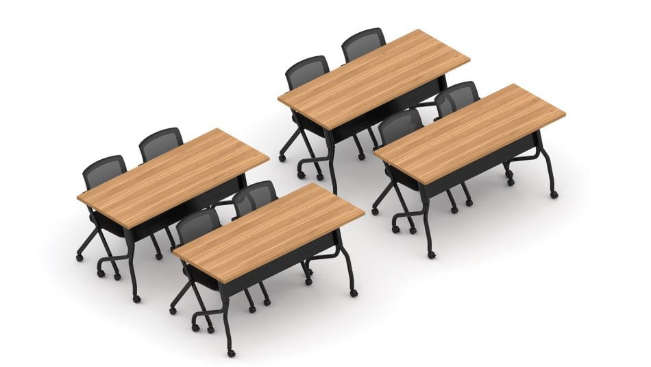 Orthographic view of an Offices to Go training table and nesting chair set, using Layout 10. This set consists of four 60" wide flip top training tables arranged two by two. Each table has a black finished base with caster wheels. At each table are two black nesting chairs with casters. The table has an Autumn Walnut laminate finish.