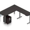 Orthographic view of an Offices to Go desk and table set, using Layout 4. This L-shaped desking consists of a 71" wide metal table with a 48" height adjustable table attached at a 90 degree angle. A rolling file pedestal is under the table, consisting of 2 drawers with a top lock. An acrylic privacy panel is mounted at the front of (underneath) the table. This layout is shown with the American Espresso laminate finish.