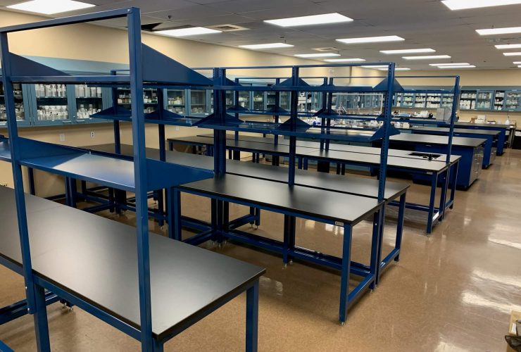 laboratory furniture with blue metal trim