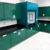 clean laboratory with green and blue finishes and fume hood